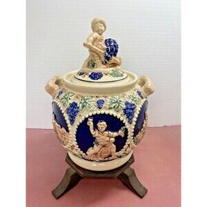 Vintage Gerz German Raised Castle Stoneware Biscuit Lidded Cookie Jar Handles